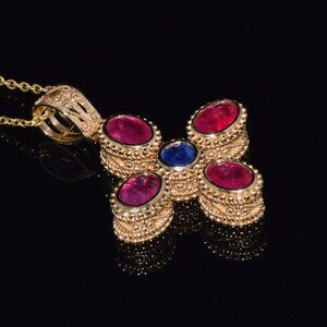 Certified Natural VS F Diamond Ruby Sapphire 18K 750 Solid Gold Cross Pendant